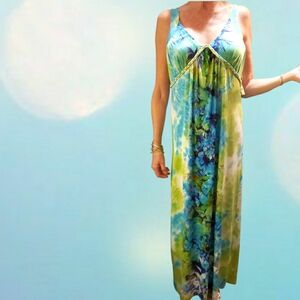 NEW One World Tie Dye Floral Maxi Dress 1X Plus Resort/Summer V-Neck Embellished